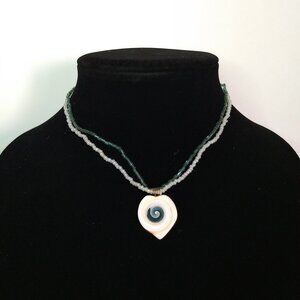 Seed Bead Flat Swirl Pendant Necklace White Blue Beach Coastal Vacation Summer